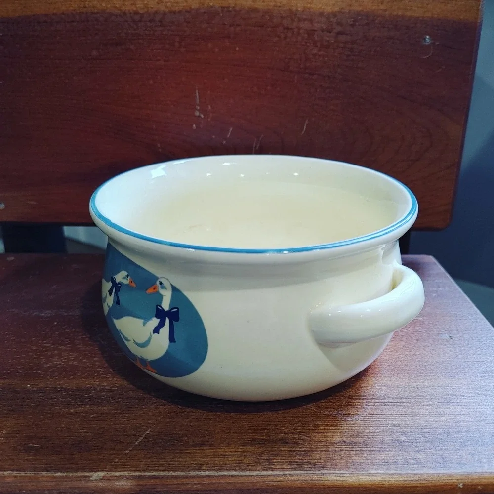 Vtg Otagiri 1985 Country Goose Ceramic Soup Bowl Trinket Crock Handles Cottage